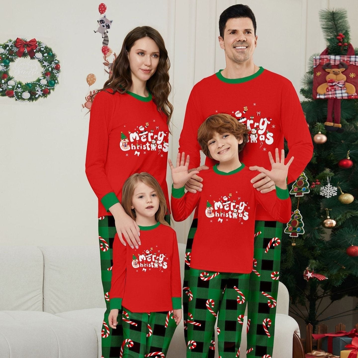 Christmas Cane Fawn Printed Family Matching Christmas Pajamas Sets