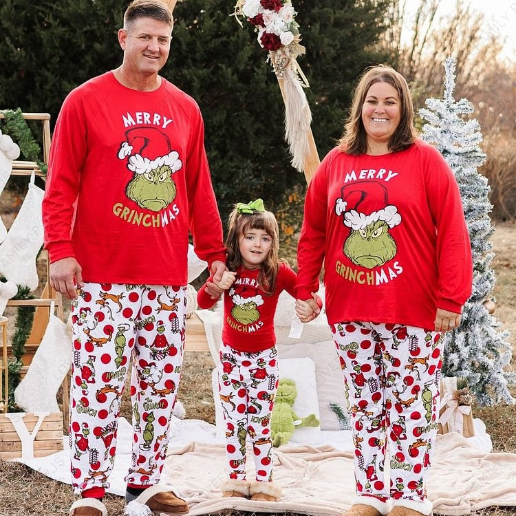 “Merry Christmas” Family Matching Grinch Cartoon Print Pajama Set