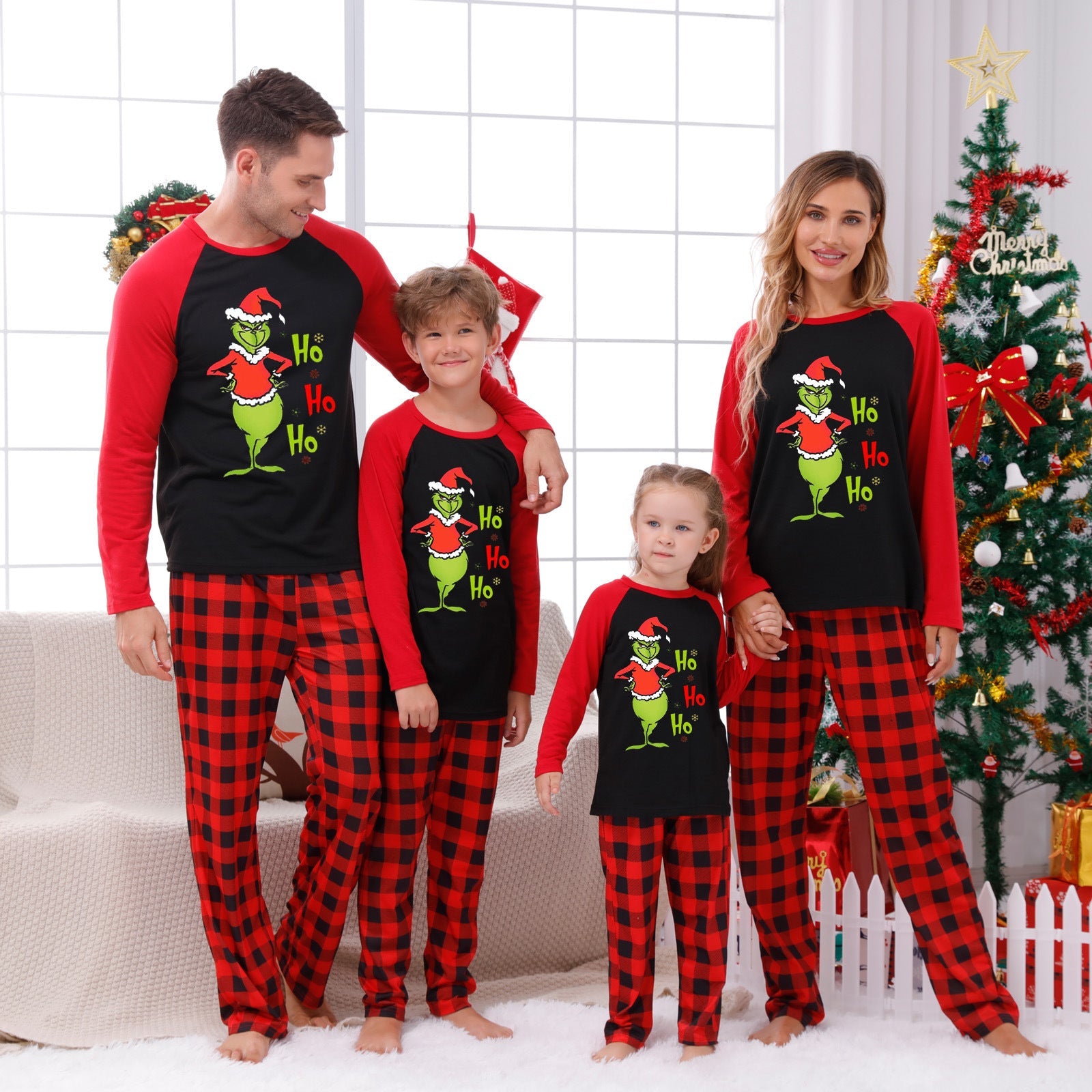 “HO HO HO” Christmas Grinch Red Plaid Pajama Set