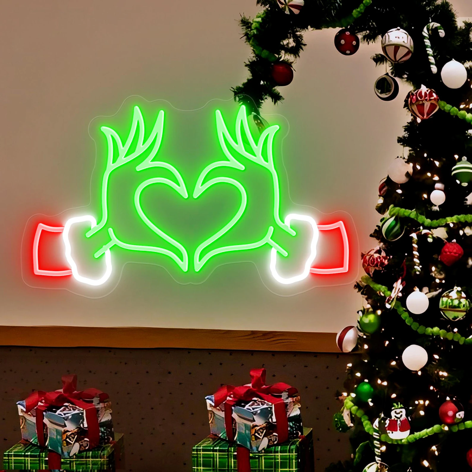 Christmas Grinch Heart Hand Neon Sign