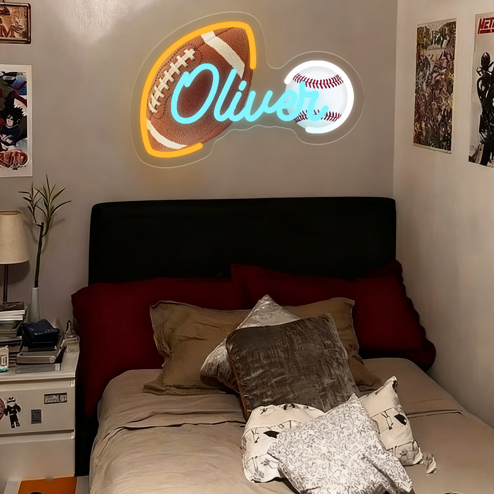 Custom Neon Sign with UV Printed Noah Football & Baseball