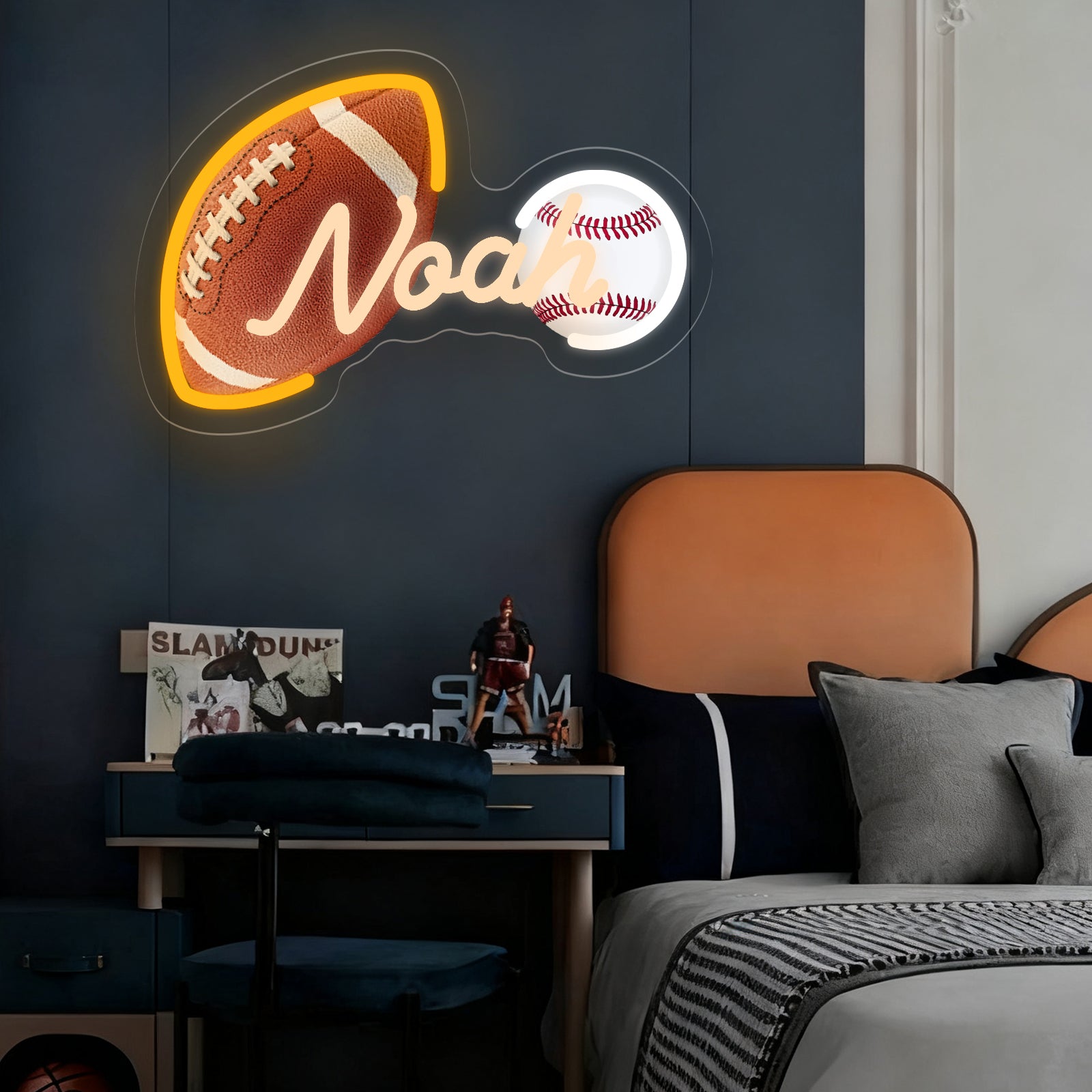 Custom Neon Sign with UV Printed Noah Football & Baseball
