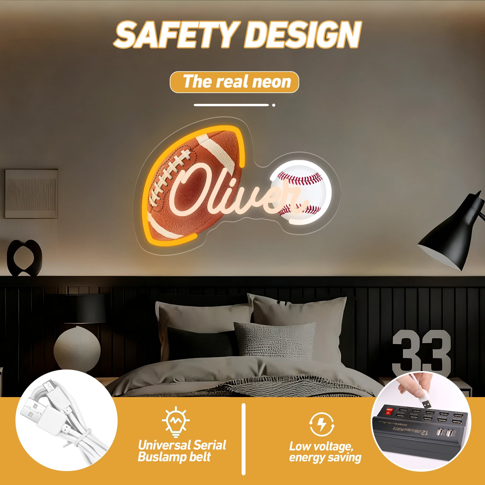 Custom Neon Sign with UV Printed Noah Football & Baseball