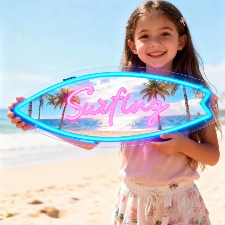 Custom Neon Sign with UV Printed Surfing Board