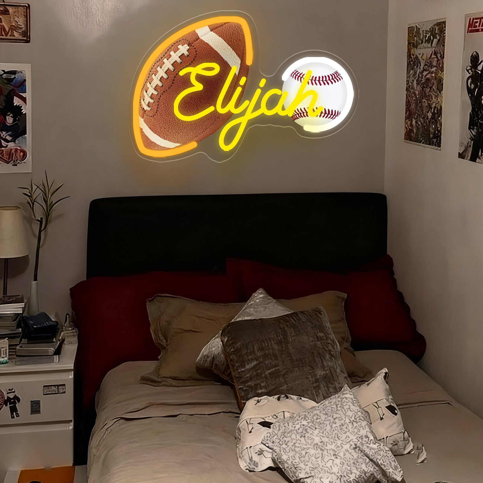 Custom Neon Sign with UV Printed Noah Football & Baseball