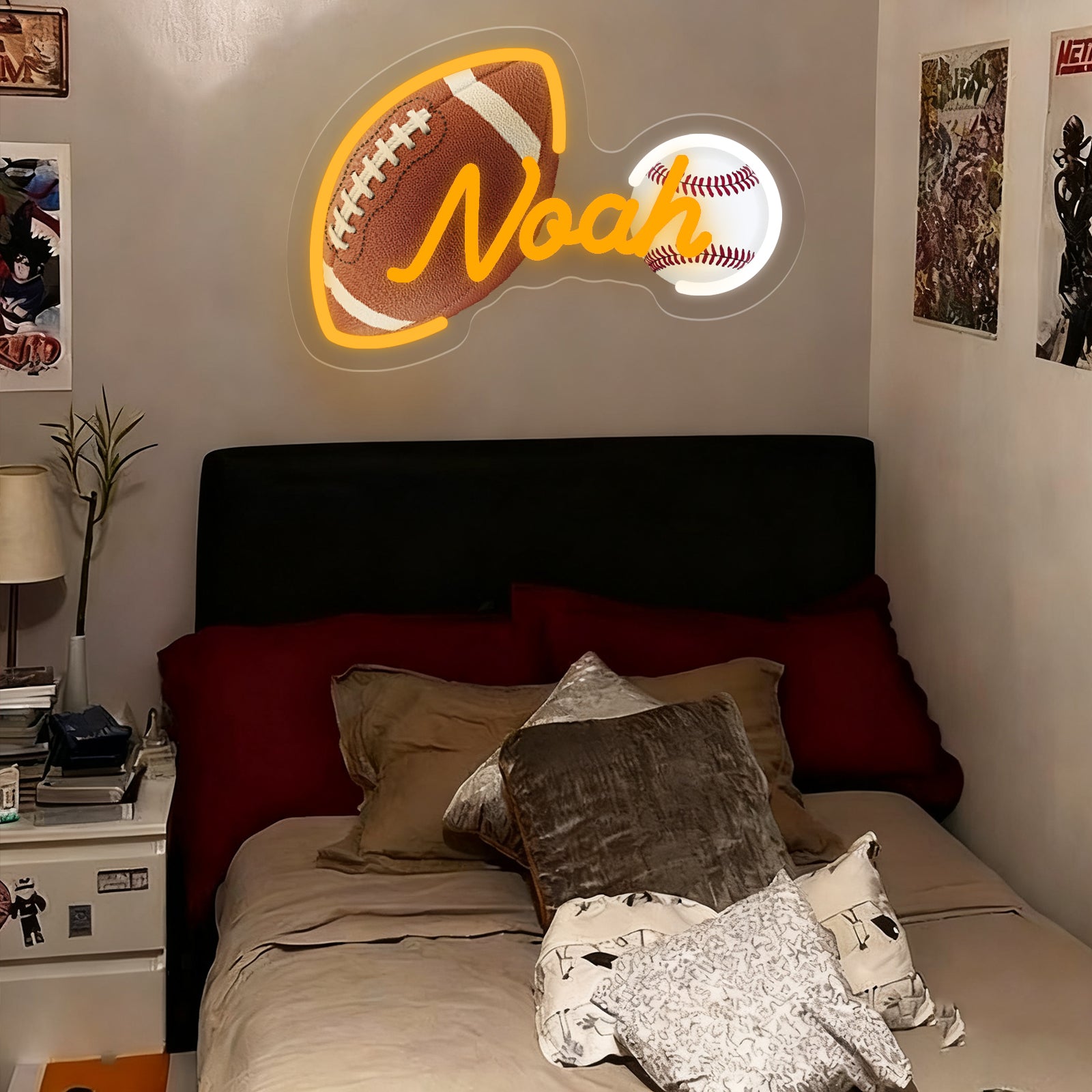 Custom Neon Sign with UV Printed Noah Football & Baseball