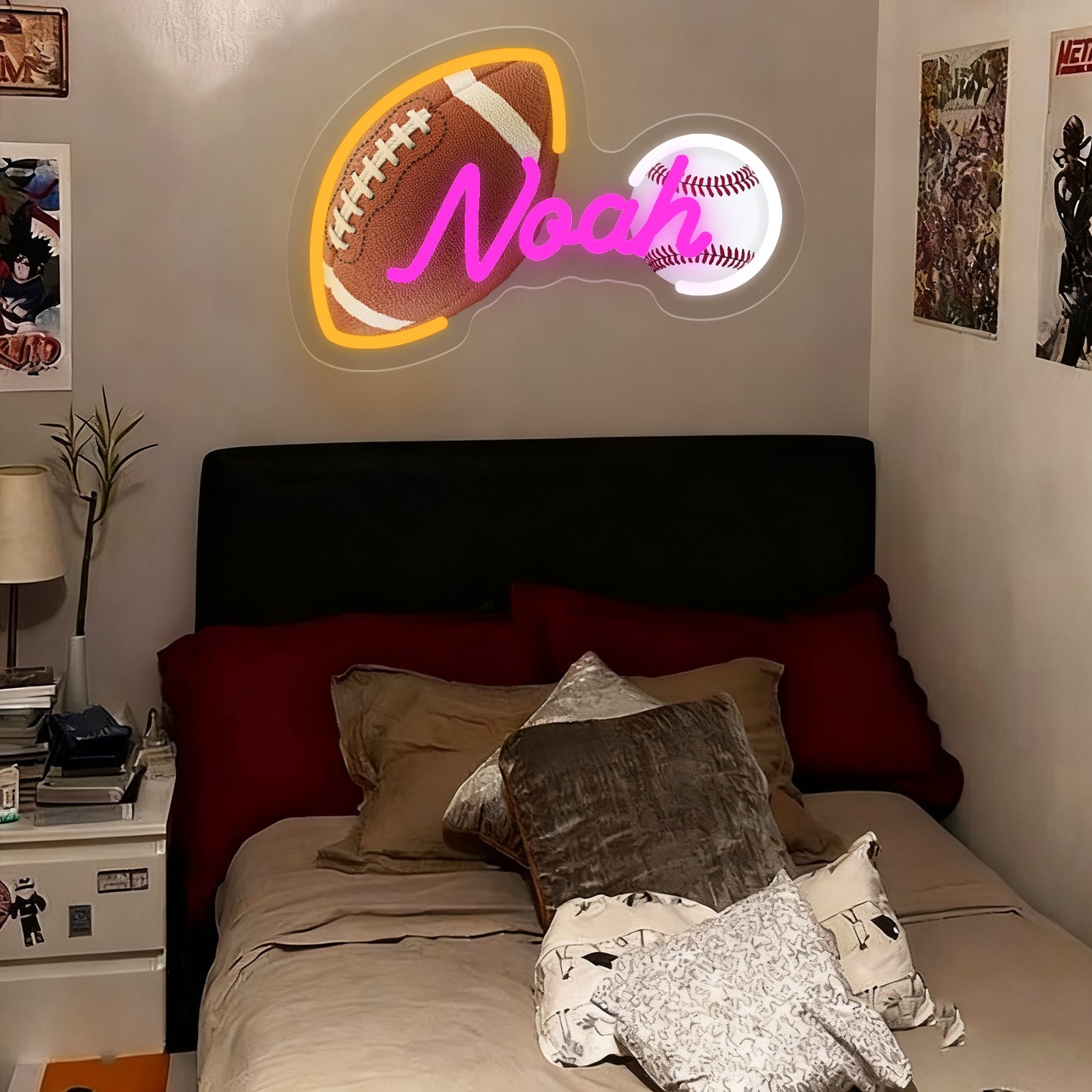 Custom Neon Sign with UV Printed Noah Football & Baseball