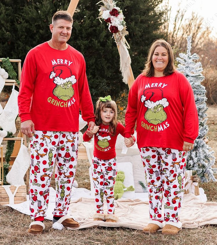 “Merry Christmas” Family Matching Grinch Cartoon Print Pajama Set