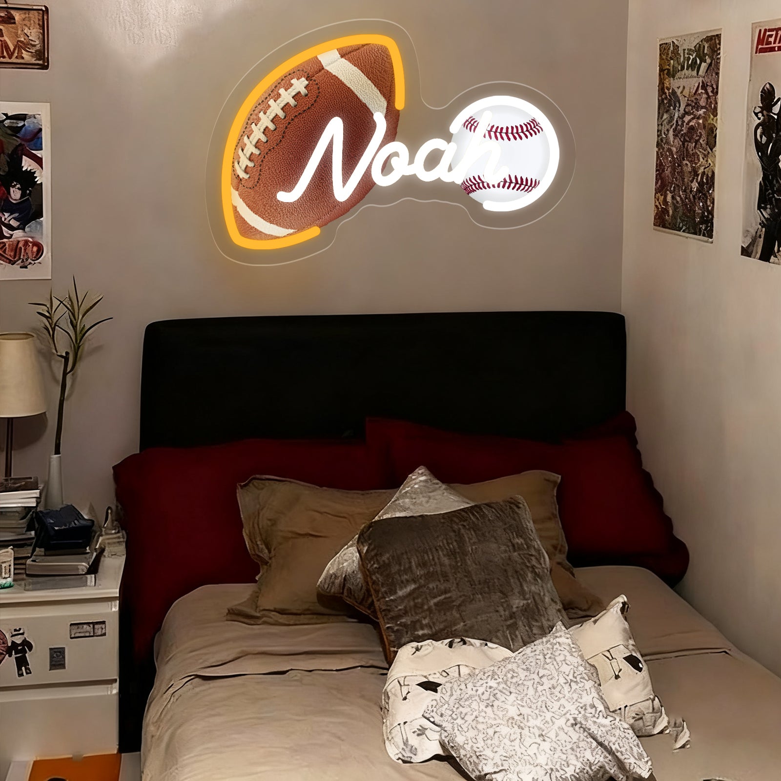 Custom Neon Sign with UV Printed Noah Football & Baseball